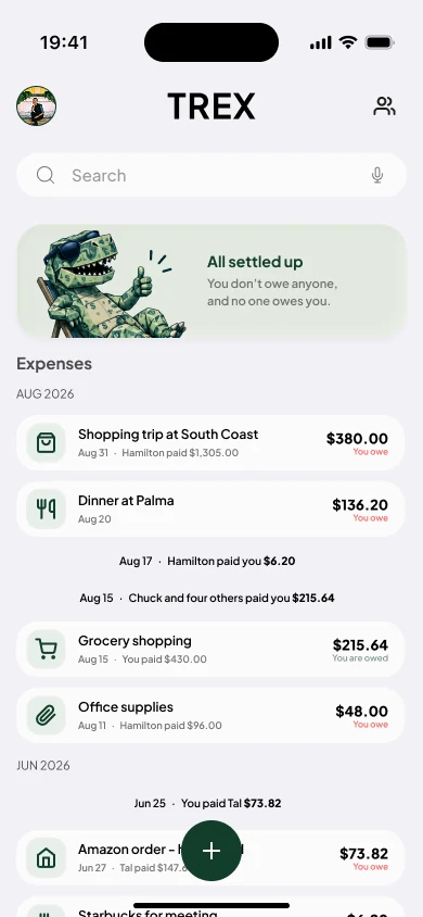 A preview of the TREX home screen: all settled up, with a list of shared expenses